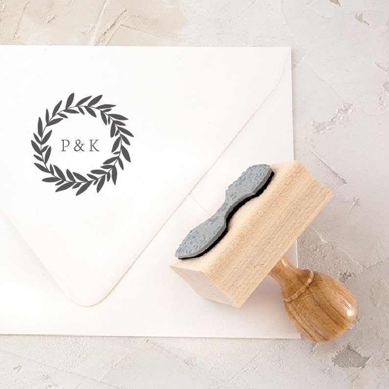 Wreath Monogram Stamp, Save the Date Stamp, Custom Rubber Stamp, Custom RSVP Stamp, Gifts for Couples, Wedding Invitation Stamp SMONO121 image 1