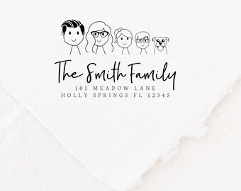 Family Illustration Return Address Stamp, Hand Drawn Character Stamp, Custom Portrait Address Stamp, Housewarming Gifts (SPEEP102)