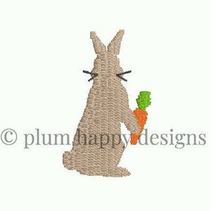 Peut inclure: Un lapin brun tenant une carotte dans sa patte droite. Le lapin est tourné vers la droite. La carotte est orange avec un dessus vert.