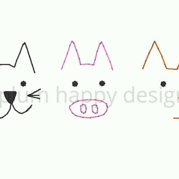 Pointy Eared Friends trio kitty cat pink pig sly fox vintage stitch embroidery design