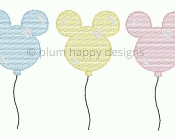 Mouse Balloon Birthday Party Children Park Fun Trio Vintage Bean Stitch Sketch Fill Embroidery Design 4 sizes