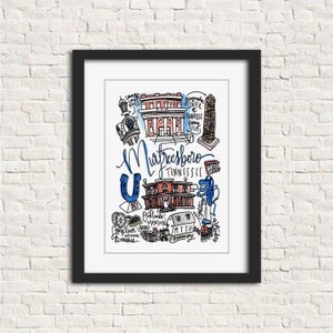 Murfreesboro, TN Tennessee Watercolor Wall Art Illustration Print Gift 8x10 // Courthouse MTSU Kissing Steps Oaklands Mansion Lightening