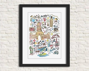 Austin, Texas Wall Art Print | Graduation Birthday Wedding Watercolor Gift | Capitol Landmark Historic Print