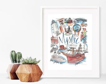 Mystic, Connecticut Watercolor Art Print | Customizable Personalizable Wall Artwork Painting