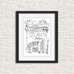 Atlanta, Georgia Handlettered Watercolor 8x10 in. Wall Art Print (Black and White)