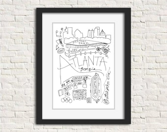 Atlanta, Georgia Handlettered Watercolor 8x10 in. Wall Art Print (Black and White)