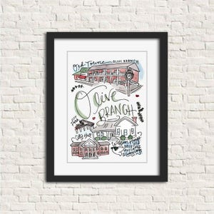 Olive Branch, Mississippi MS City Illustration Wall Art Print Gift 8x10 // Old Towne City Hall City Park Wesson House Patriots Mustangs