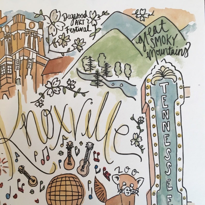 Knoxville TN Watercolor Handlettered Wall Art Print Gift 8x10 Etsy