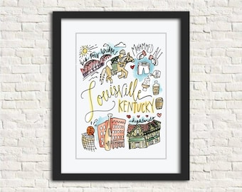 May include: A framed art print featuring a colorful illustration of Louisville, Kentucky. The artwork includes landmarks like a bridge, buildings, and a basketball hoop, with the city's name in cursive script. The print is set against a white background.