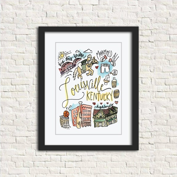 Louisville, KY Watercolor City Illustration Wall Art Print Gift 8x10 // Big Four Bridge Muhammad Ali Highlands Louisville slugger Bourbon