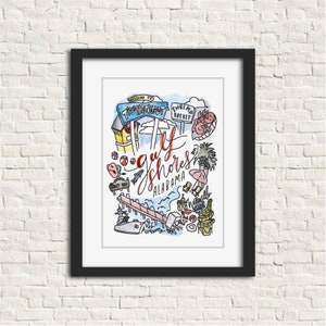 Gulf Shores, Alabama Watercolor Handlettered Wall Art Print Gift 8x10 in // The Hangout Shrimp Basket USS Alabama Waterville Spring Break