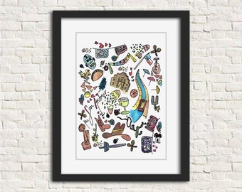 San Antonio, Texas Tex Aquarell Stadt Illustration Wand Kunst Druck Geschenk 8x10 // Alamo Fiesta Taco Margarita Riverwalk Spurs Rodeo Bluebonnet