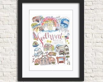 Southport North Carolina Art Print | Watercolor City Illustration | Provision Co, Porter's, Boats & Waterfront | 5x7 8x10 11x14