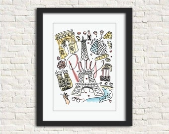 May include: A framed art print featuring a watercolor illustration of Paris landmarks. The artwork includes the Eiffel Tower, Arc de Triomphe, Notre Dame, and the Louvre, with the word "Paris" in cursive. The illustration is in black, red, and yellow.