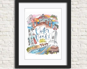 Outer Banks, North Carolina Artwork Art Print | 5x7, 8x10, 11x14, Custom Handlettering Option Available | Cottage Row