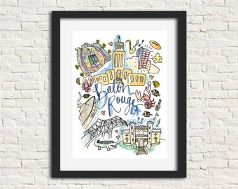 Baton Rouge, LA Louisiana Art Print 8x10 Watercolor City Illustration Wall Art Print //  state capitol building, the Old Louisiana capital