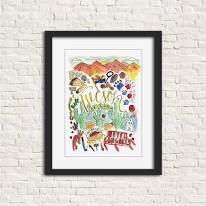 Tucson, Arizona AZ Illustration Watercolor Wall Art Print Gift 8x10 // Hotel Congress Sonoran Hot Dog kokopelli Mountains Cactus Bear Down