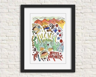Tucson, Arizona AZ Illustration Watercolor Wall Art Print Gift 8x10 // Hotel Congress Sonoran Hot Dog kokopelli Mountains Cactus Bear Down