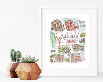 Smithfield, VA Print | Pigs Historic District St Lukes Birthday Artwork Gift Watercolor