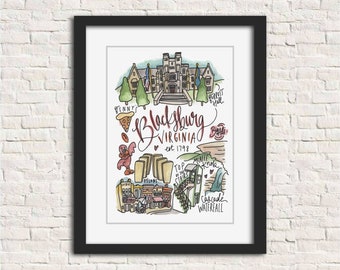 Blacksburg, VA Print | Virginia Tech Graduation Birthday Artwork Gift Watercolor | 5x7 8x10 11x14