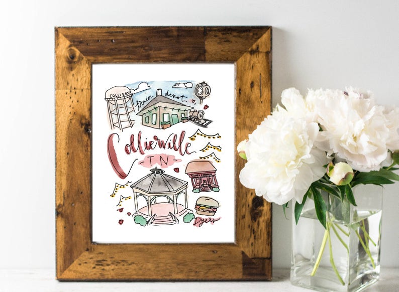 Collierville Tn 8x10 Art Print Tennessee Collierville Gazebo Silver Caboose Dyers Burgers The Train Depot Collierville Water Tower Wood Linocut Prints Art Collectibles Elite1 Pl