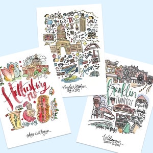 May include: Three watercolor art prints featuring hand-drawn illustrations of cities. One print says "Hattiesburg MS" with illustrations of local landmarks. Another says "Austin" with a date and names. The third says "Franklin Tennessee".