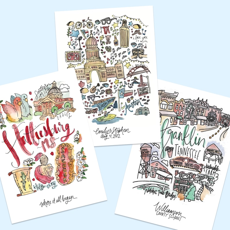 May include: Three watercolor art prints featuring hand-drawn illustrations of cities. One print says "Hattiesburg MS" with illustrations of local landmarks. Another says "Austin" with a date and names. The third says "Franklin Tennessee".