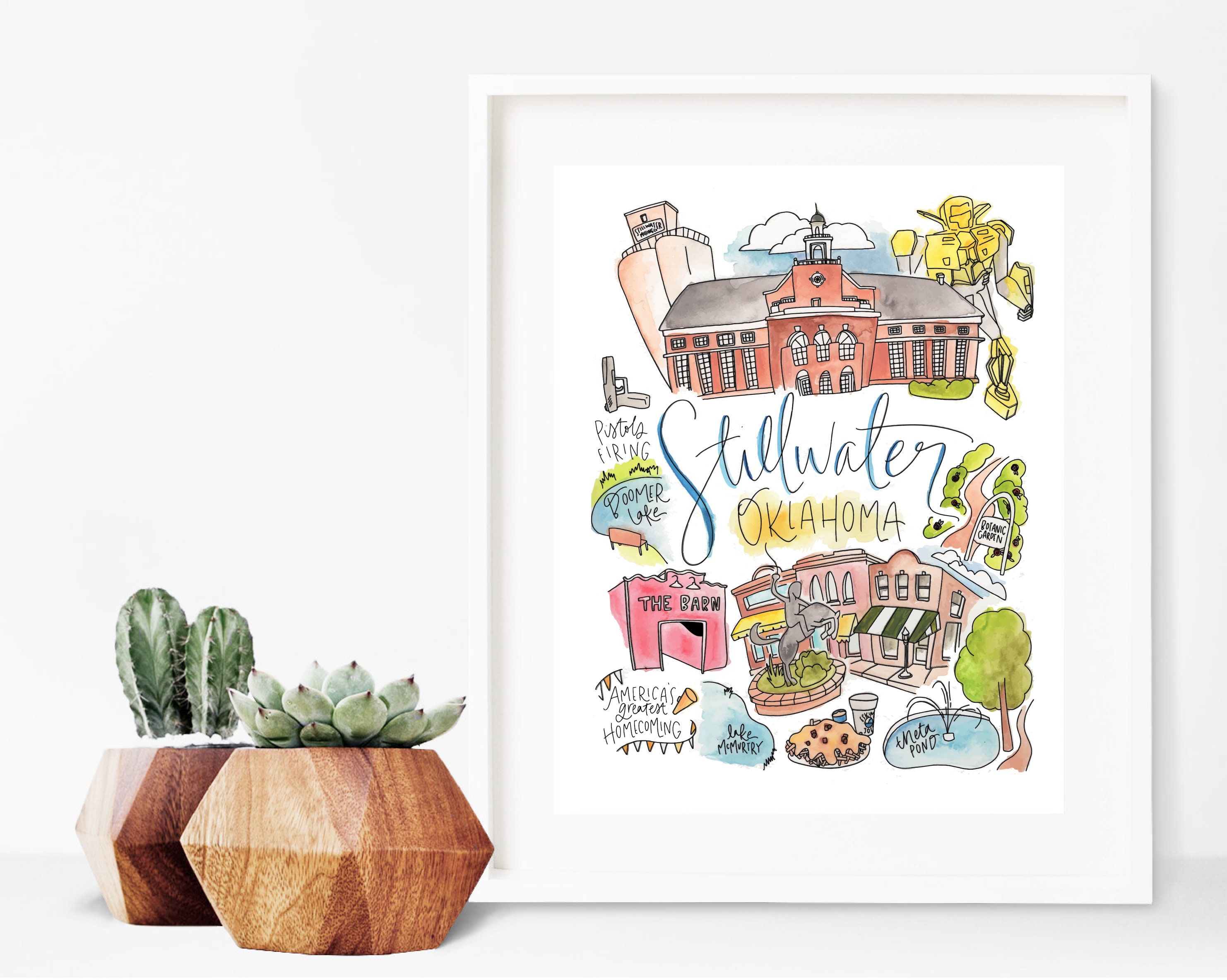 Stillwater, Oklahoma Art Print | OK Watercolor Art Print | Graduation Rush Sorority Artwork Gift