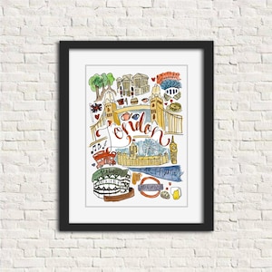 London, England UK Illustration Watercolor Wall Art Print Gift 8x10 // London Bridge British Museum Hyde Park Globe Theatre River Thames LHR