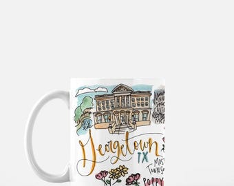 Georgetown, TX Mug 11oz | Texas Pride Cup Watercolor Gift Courthouse Inner Space Tavern | Dishwasher Microwave Safe
