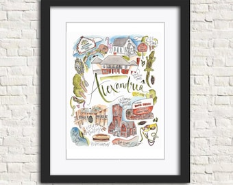 Alexandria Louisiana Art Print | Watercolor City Illustration | Kent Plantation, Zoo, Cathedral, Red River | 5x7 8x10 11x14