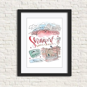Shreveport, Louisiana LA Watercolor City Illustration Wall Art Print Gift 8x10 // Red River Southern Maid Donuts Mailynn&#39;s Place Strand