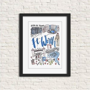 Ft. Worth, Texas Kunstdruck 200x250 // Handgemaltes Aquarell Wand Kunst Illustration Druck Geschenk Stockyards Trinity River TCU Joe T Garcia&#39;s