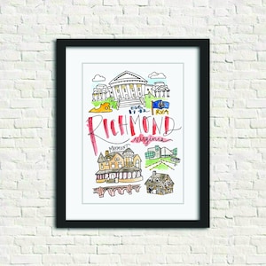 Richmond, Virginia VA Watercolor Wall Art Print Gift 8x10 // RVA Maymont VMFA Poe Museum Virginia State CapitolBridge Lewis Ginter