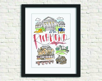 Richmond, Virginia VA Watercolor Wall Art Print Gift 8x10 // RVA Maymont VMFA Poe Museum Virginia State CapitolBridge Lewis Ginter