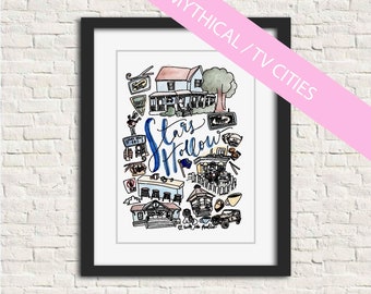 Stars Hollow Gilmore Girls Watercolor City Illustration Print 8x10