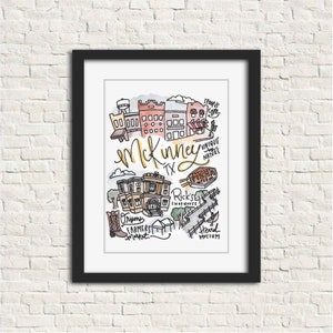 McKinney, Texas Handlettered Watercolor Illustration Gift Wall Art Print 8x10 // Unique by Nature Spoons Cafe Orisons Ricks Chophouse Heard