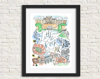 Little Rock, Arkansas AR City Illustration Wall Art Print Gift 8x10 // Little Rock Central HS Pinnacle Mtn Two Rivers Park Hillcrest River
