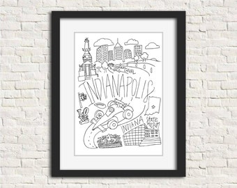 Indianapolis, IN City Black and White Illustration Wall Art Print // 8x10