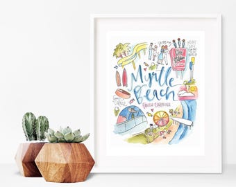 Myrtle Beach South Carolina Art Print | Watercolor City Illustration | Gay Dolphin, Boardwalk, Ferris Wheel | 5x7 8x10 11x14