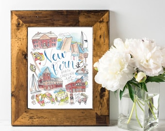 New Bern North Carolina Art Print | New Bern NC Illustration | Coastal North Carolina Wall Art | Historic New Bern Decor | NC Waterfront