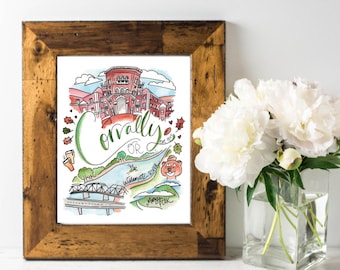 Corvallis Oregon Print – Watercolor City Artwork of Corvallis Landmarks – Wall Art in 5x7, 8x10, 11x14