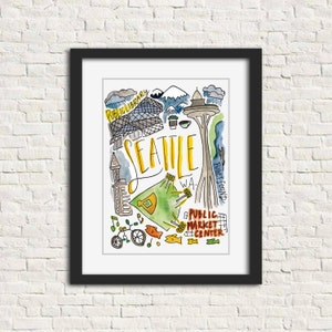 Seattle, Washington WA Watercolor Wall Art Illustration Print Gift 8x10 in // Public Market Center Public Library Puget Sound Fish PNW