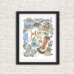 Jackson, MS Mississippi City Illustration Wall Art Print Gift 8x10//Fondren Belhaven Brets MS State Capitol Mayflower Cafe Catfish Capri
