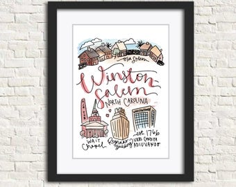 Winston-Salem, Karolina Północna NC Akwarela Ścienna Sztuka Wydruk Prezent 8 x 10 cali // Stara Kaplica Salem Wait RJR TOB Reynolds Budynek Urbs Condita