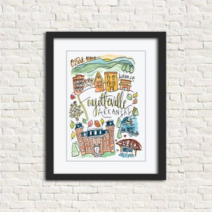 Fayetteville, AR Watercolor City Illustration Art Print 8x10 // Ozark Mountains Dickson St University of Arkansas Old Main Lake Fayetteville