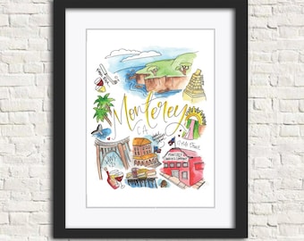 Monterey, California Watercolor Art Print | Customizable Personalizable Wall Artwork Painting