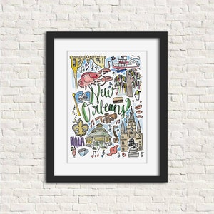 New Orleans, Louisiana LA Watercolor City Illustration Wall Art Print 8x10 // NOLA Mardi Gras Beignets Hurricanes Fleur de Lis Snoball