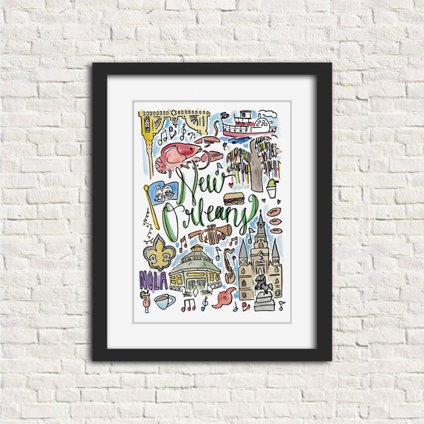 New Orleans, Louisiana LA akvarell stadsillustration väggkonsttryck 8x10 // NOLA Mardi Gras Beignets Hurricanes Fleur de Lis Snoball