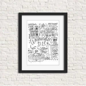 May include: Black and white framed art print featuring a hand-drawn map of Washington, D.C. Landmarks such as the Capitol Building, Washington Monument, and Georgetown are illustrated with the city's name and neighborhood names.